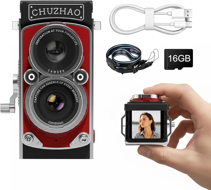 Chocapt CHUZHAO Digital Camera Retro with Time Stamp - Portable Vintage TLR Style 1080p FHD Video 12MP Photos Autofocus Mini Vlogging Camera with 16GB Card for Beginners Teens Adults, Red - Image 1